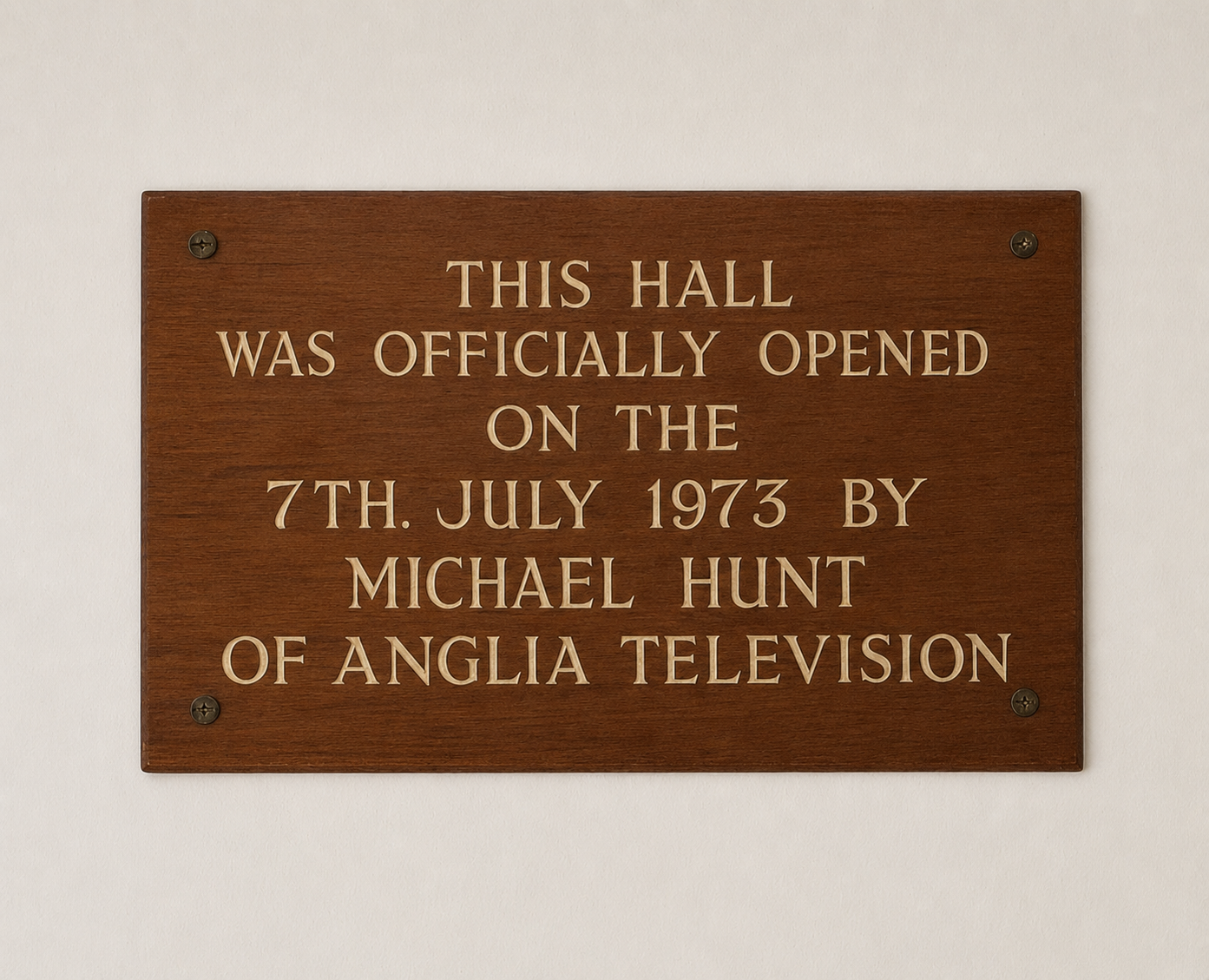 Official opening plaque commemorating the reopening of Brampton Village Hall on 7 July 1973